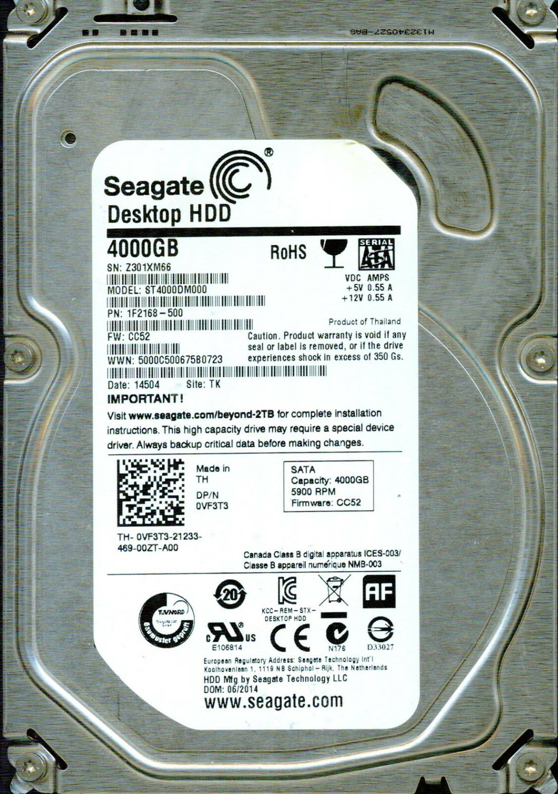 ST4000DM000, 1F2168-500,  CC52,   TK,  Z301,  SEAGATE  4TB 