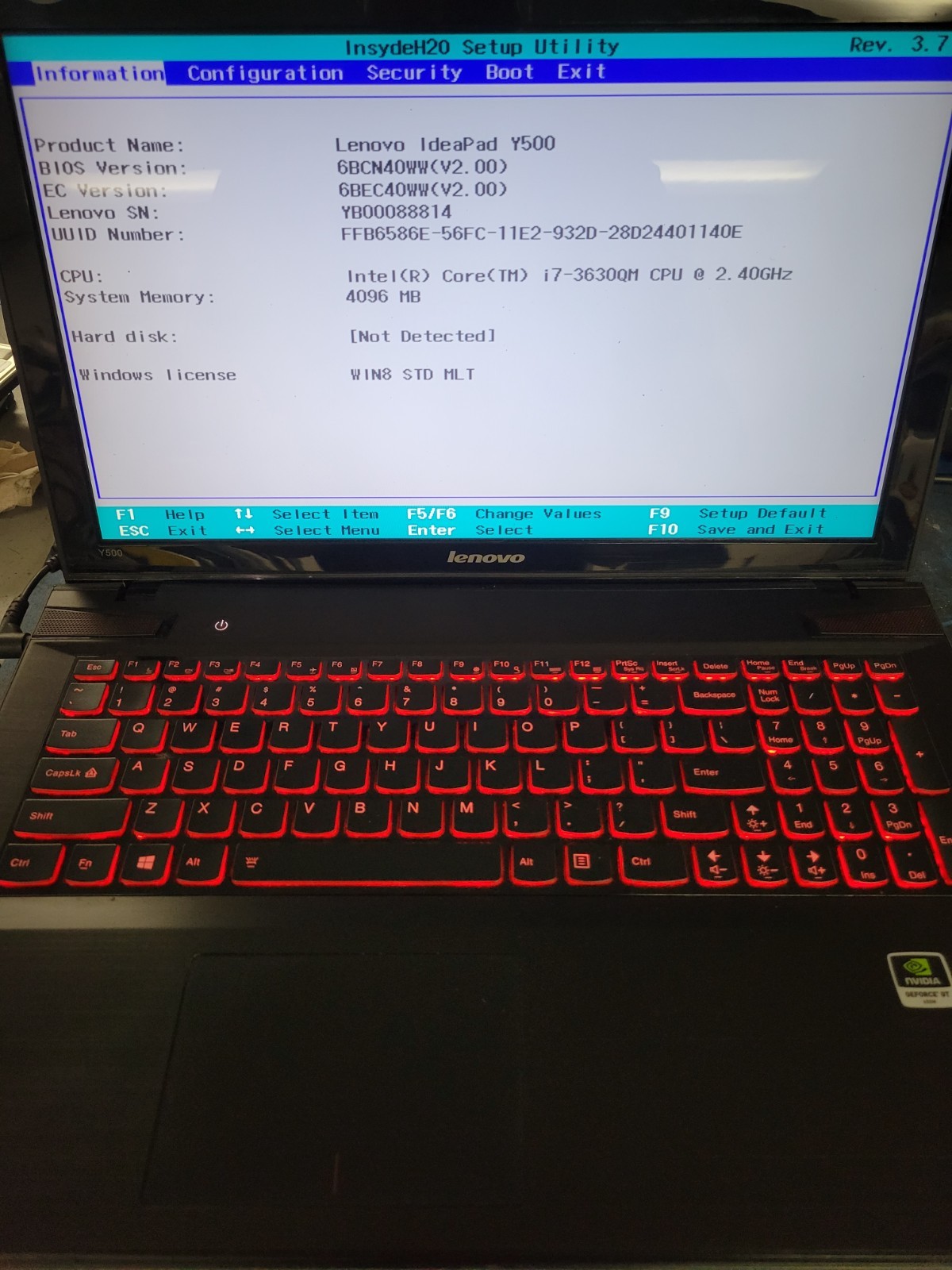 Lenovo IdeaPad Y500 i7-3630QM 4GB RAM *AS IS/BIOS* (NO HDD/BATT/OS) - C1643*
