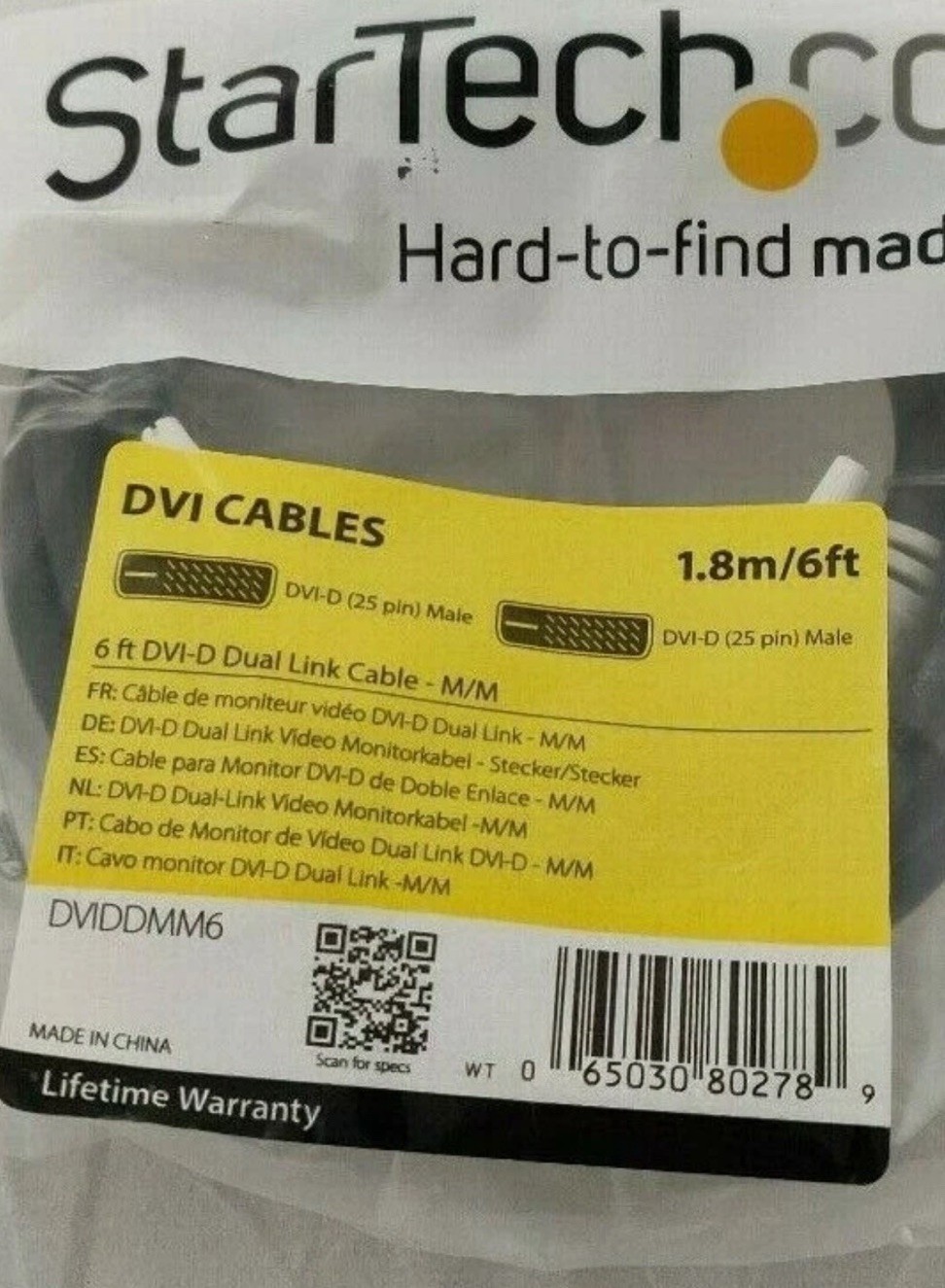 NEW Startech.com 6ft DVI-D Dual Link Video Cable 25-pin Male to Male DVIDDMM6