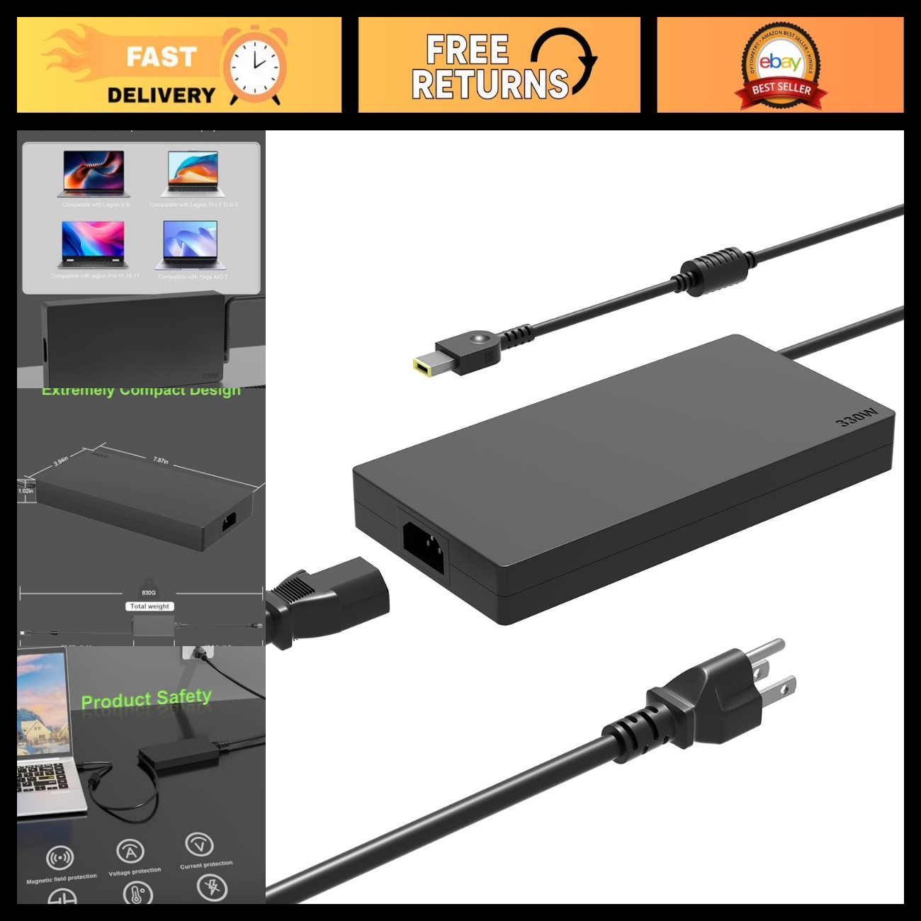 Slim 330W GaN AC Adapter for Lenovo Legion 9 7 9i 7i 5i 5 Gaming Laptop Charger