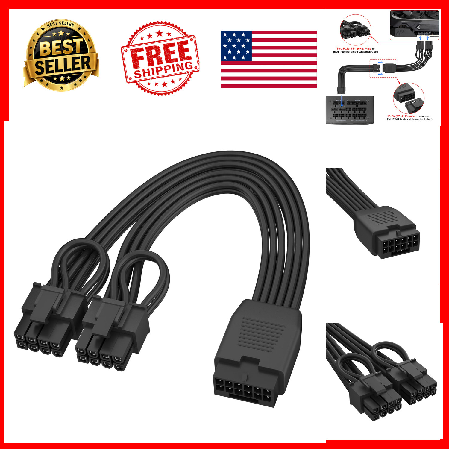 12VHPWR Conversion Cable 16 Pin 12+4 to Dual PCIe 8 Pin 6+2 600W 6.8 In 16AWG