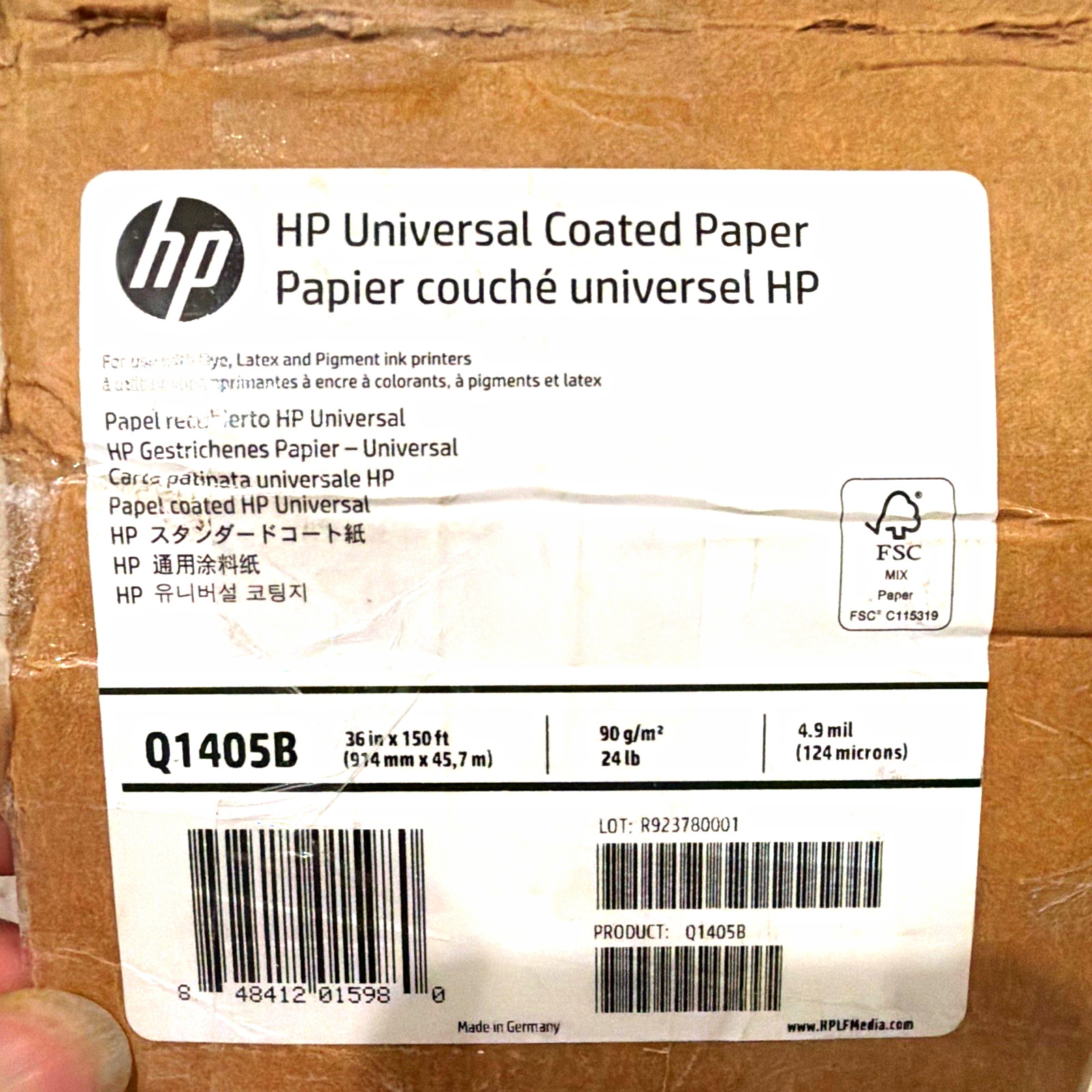 HP Q1405B Universal Coated Printer Paper Roll 36in x 150ft 90 g/m² White