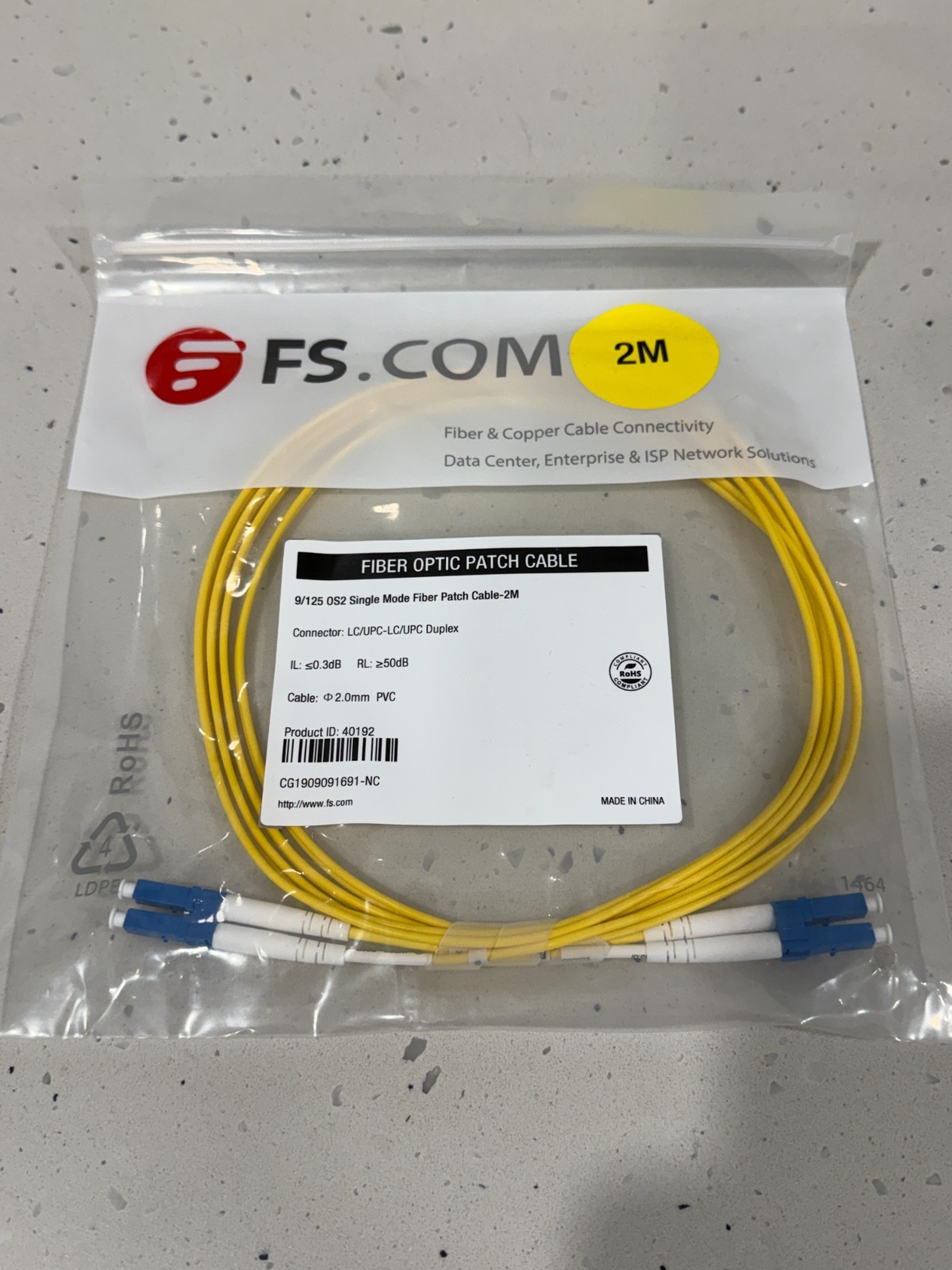FS 40192 9/125 Single Mode Fiber Optic Duplex LC/UPC-LC/UPC Patch Cable 2m BNIB