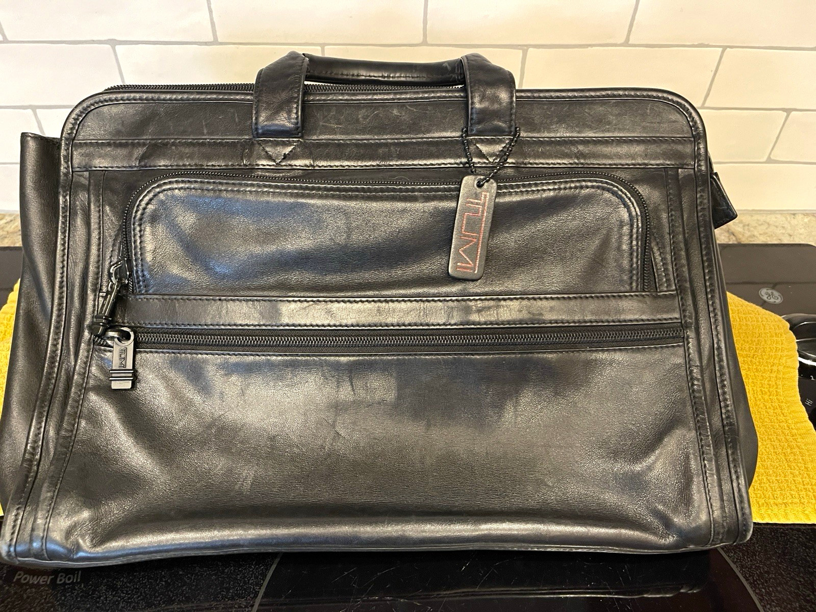 TUMI 9602D3 Black Leather Padded Briefcase for 15" Laptop, Universal