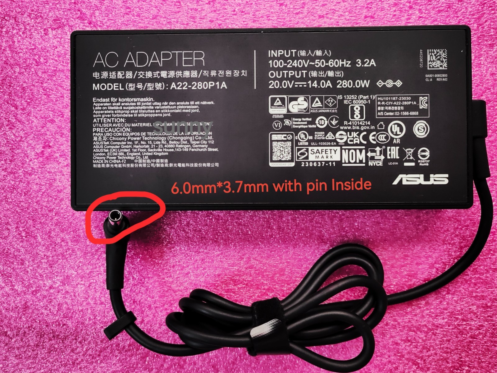 A22-280P1A 230637-11 6.0mm 280W For ASUS ROG SCAR 17 G733ZW-XS96 20V 14A adapter