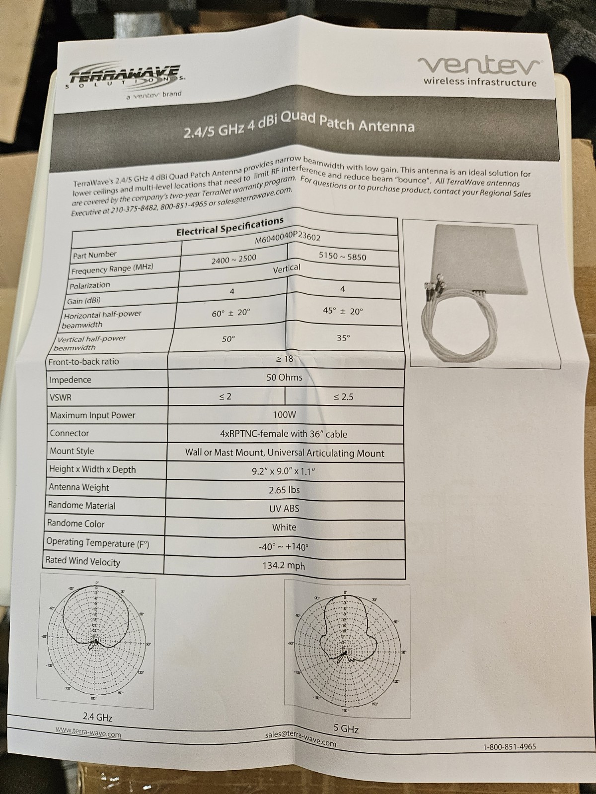 CISCO M6040040P23602 TERRAWAVE 2.4/5 GHz 4dBi DUAL DIVERSITY PATCH ANTENNA
