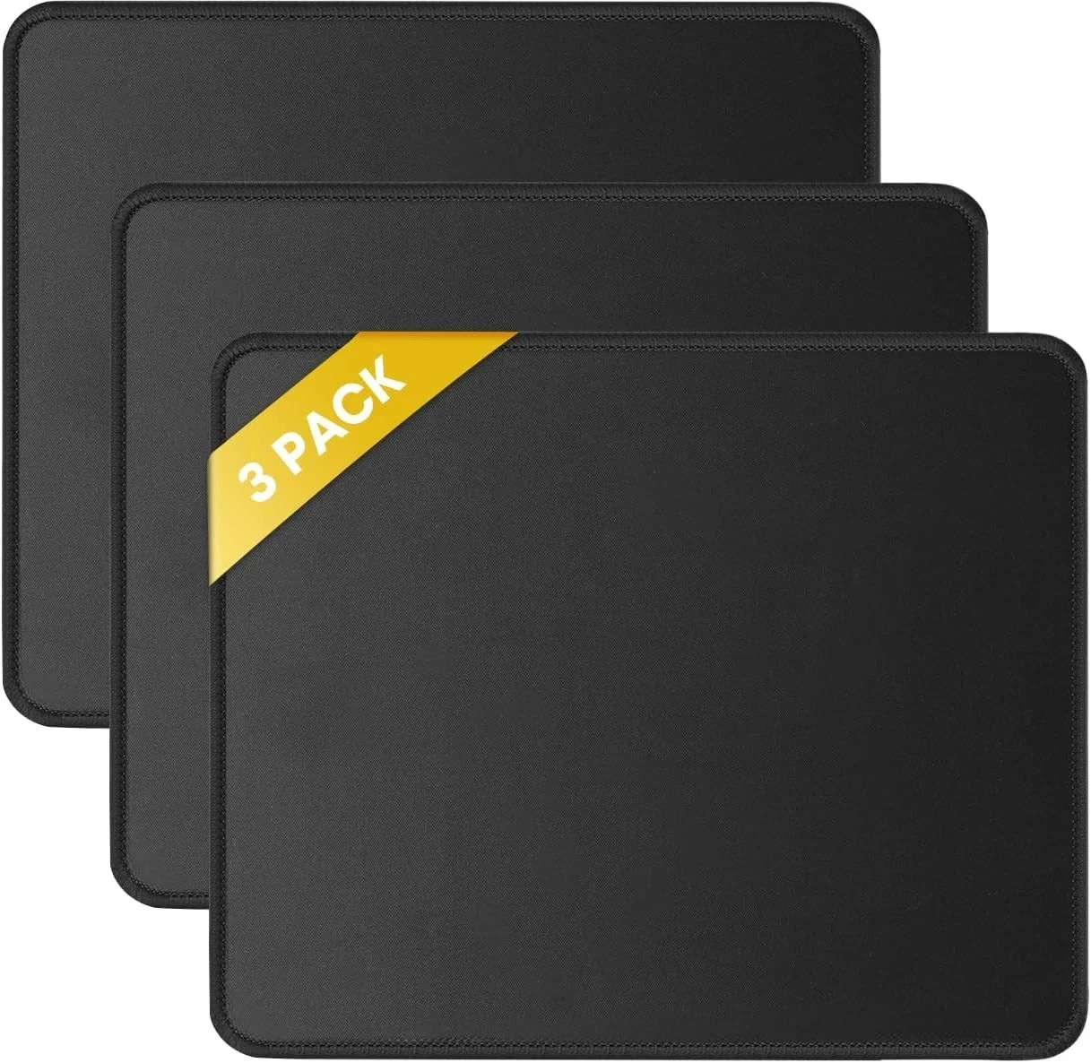 JIKIOU 3 Pack New Mouse Pads w/ Stitched Edge, Comfortable, Washable, Black Pads
