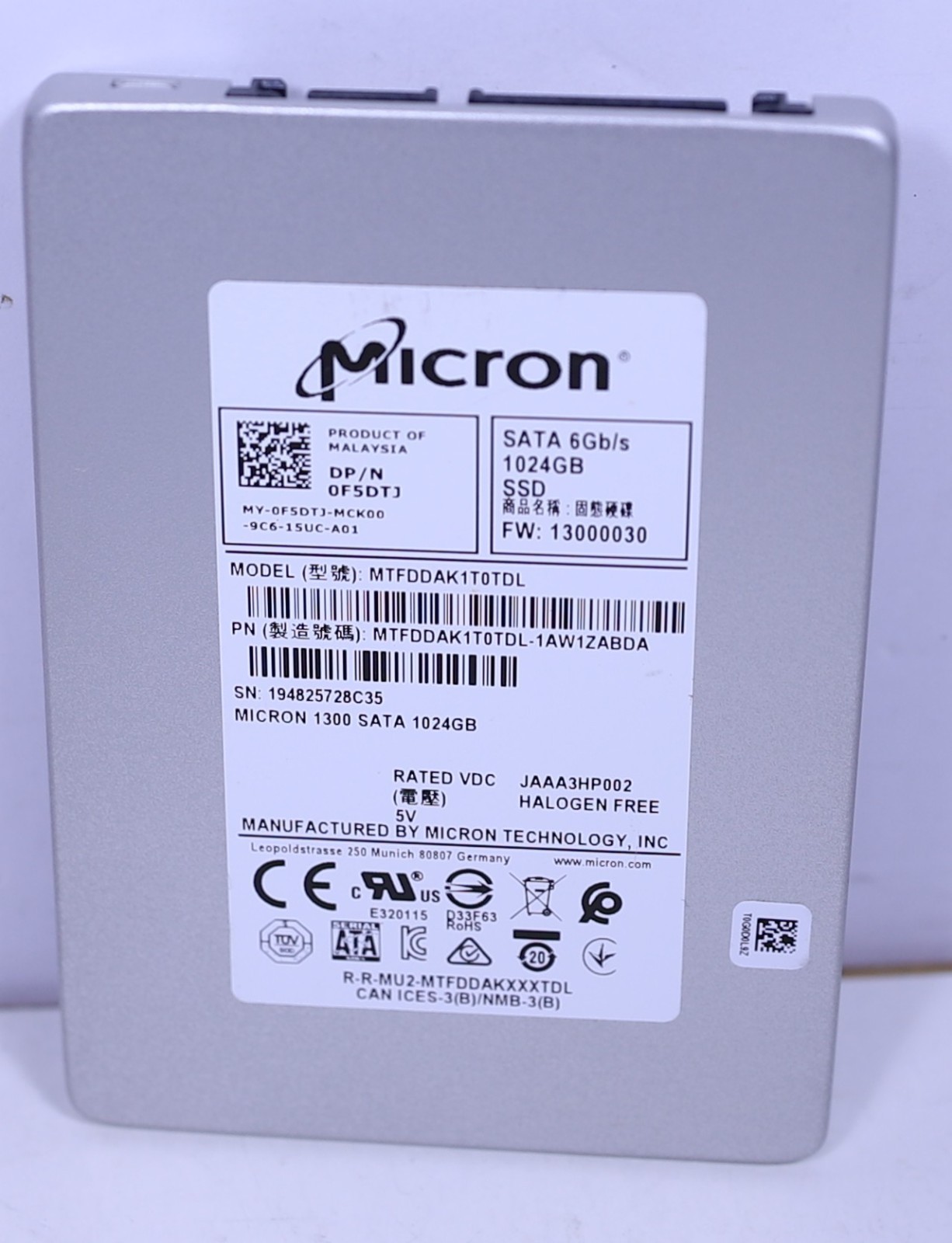 Micron 1300 1TB F5DTJ SSD 2.5" SATA III 6Gb/s MTFDDAK1T0TDL Solid State Drive