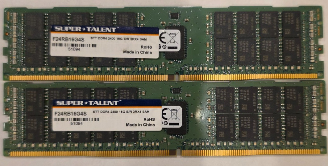 LOT of 2 Super Talent 16GB PC4-2400T DDR4 ECC Server RAM memory F24RB16G4S