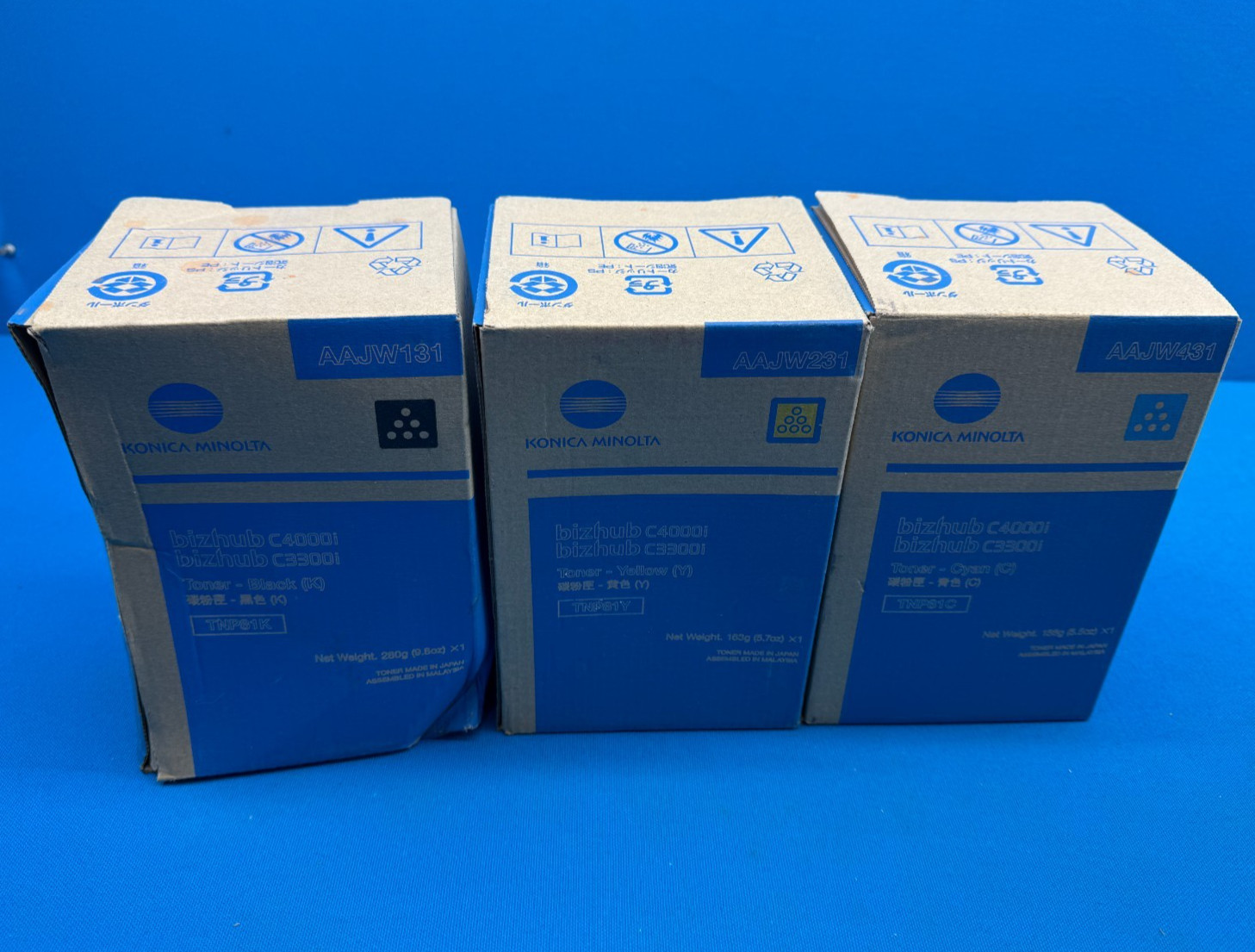 Lot of 3 - Konica Minolta Black / Yellow / Cyan Toner Cartridges For Bizhub