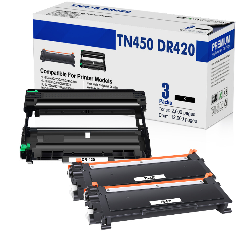 2PK TN450 Toner + 1PK DR420 Drum Set For Brother MFC-7860DW 7460DN DCP-7065DN