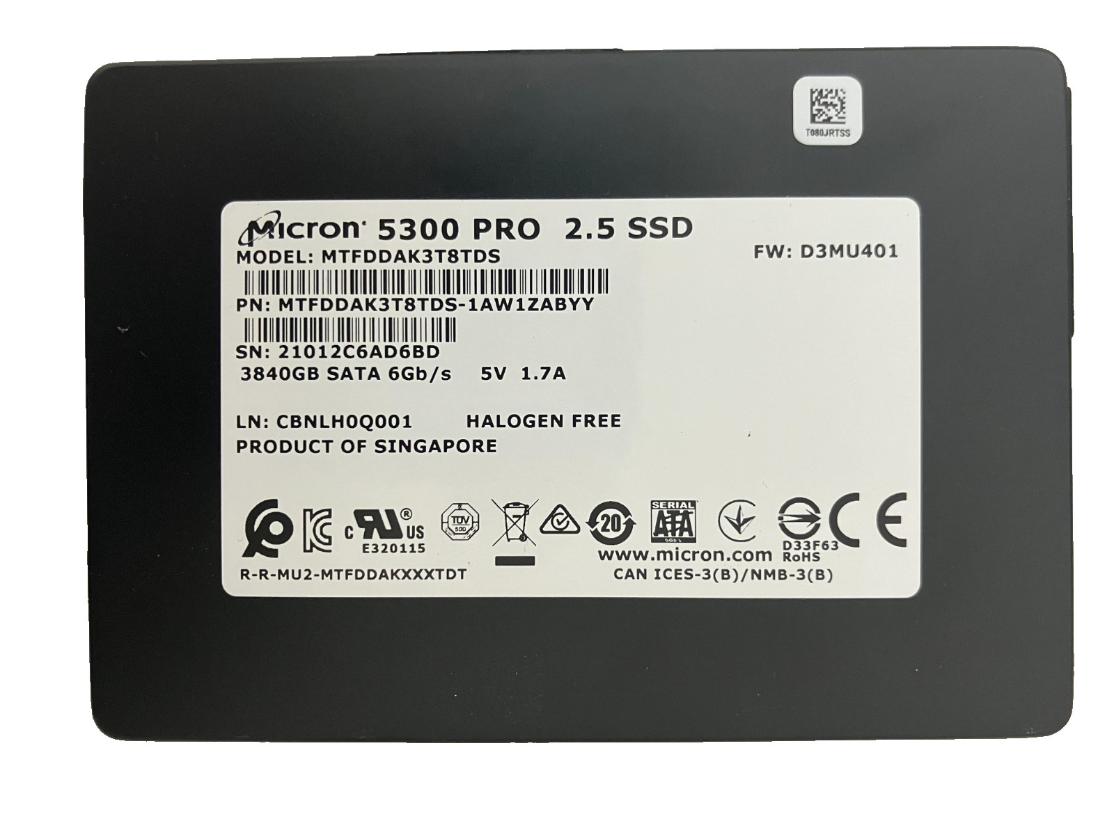 MICRON 5300 PRO MTFDDAK3T8TDS SSD 3.84TB SATA 6Gb/s 2.5" 512 b/s 100% Health