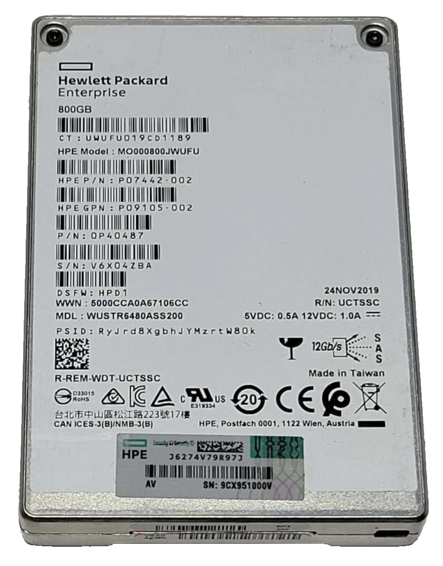 HPE 800GB SAS SSD SOLID STATE DRIVE MO000800JWUFU P07442-002 98% HEALTH