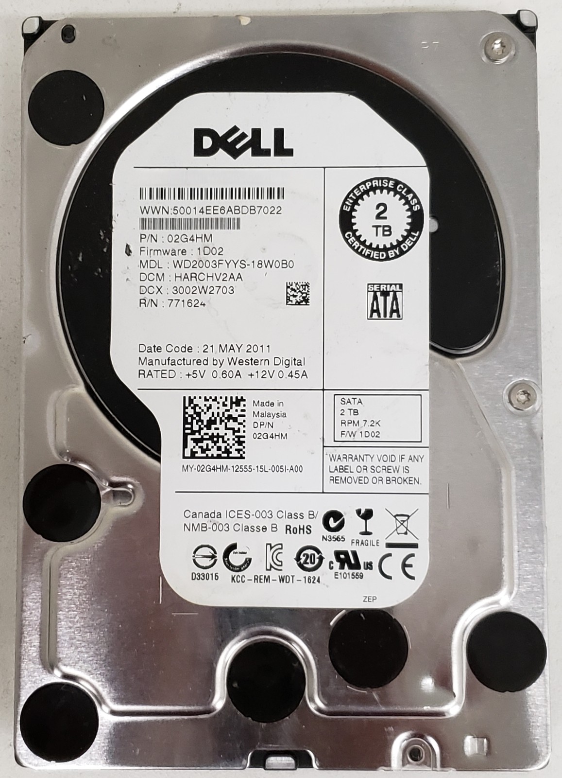 Dell WD2003FYYS-18W0B0 2TB 3.5" SATA 6Gb/s 7200RPM HDD P/N 02G4HM Enterprise OEM