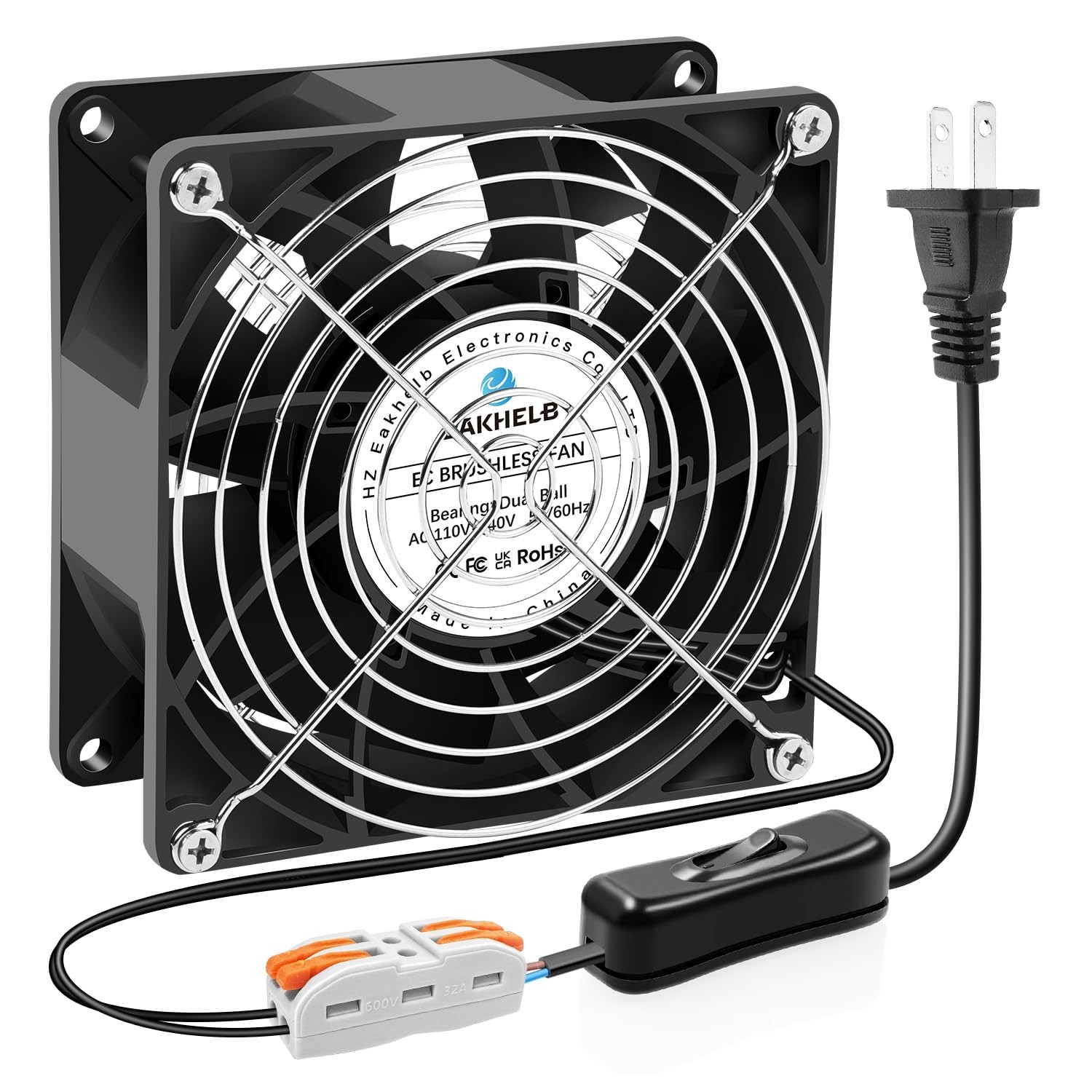 EC 92x92x38mm Axial Muffin Fan 110V 120V 240V Dual Ball Bearing ON/Off Switch