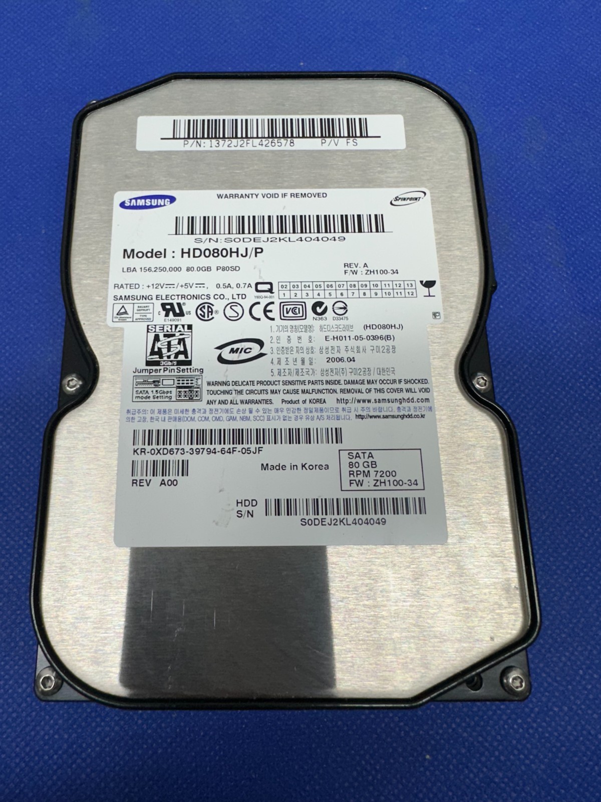 Samsung SpinPoint 80GB 7200RPM SATA 3.5” Internal Hard Drive HD080HJ/P Tested