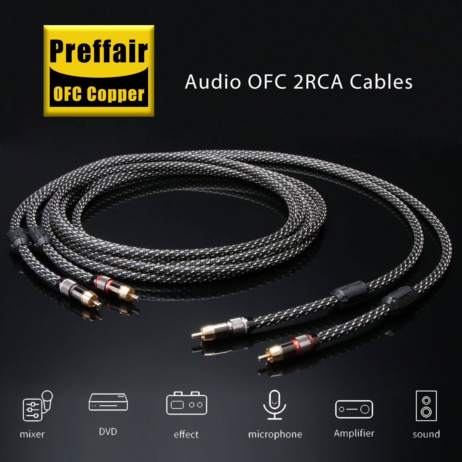 Pair Shielded OFC HiFi RCA Audio Cable With Gold Plated Signal Interconnect Cord