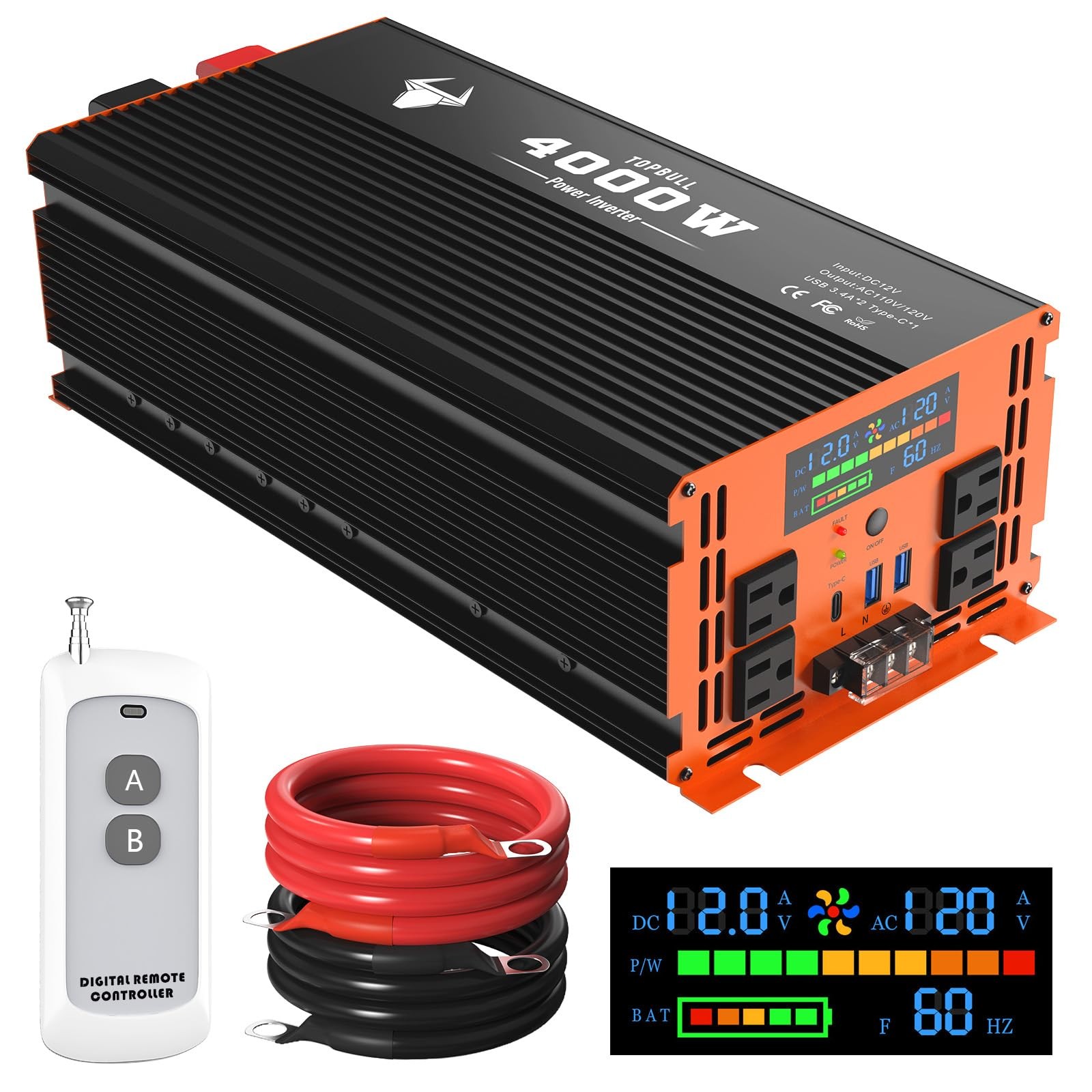 4000 Watt Power Inverter 12V DC to 120V/110V AC for Vehicles Car Converter