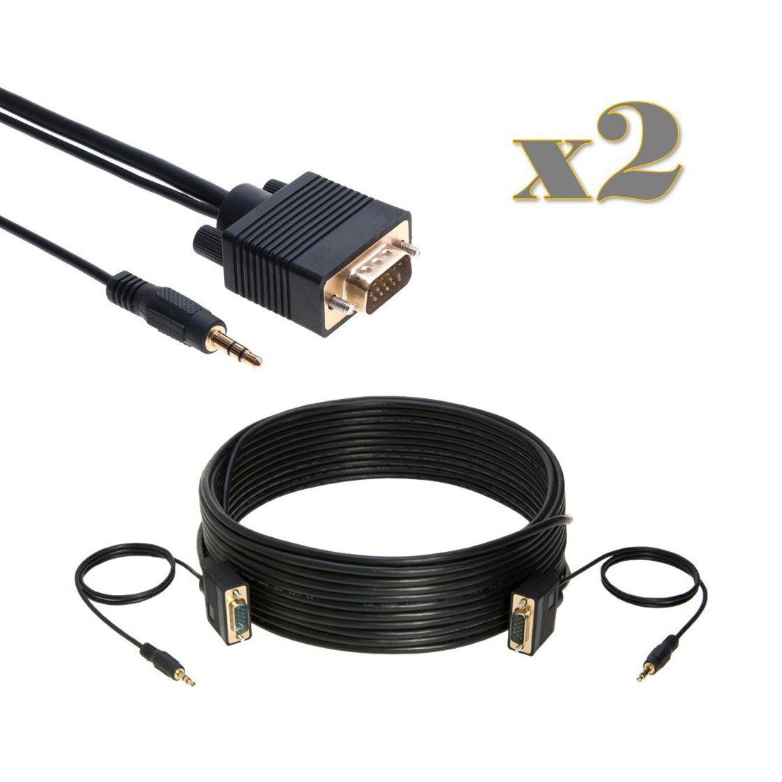 2-Pack - 15FT SVGA M/M Cable + 3.5mm Aux Audio Jack for Monitor PC Projector TV