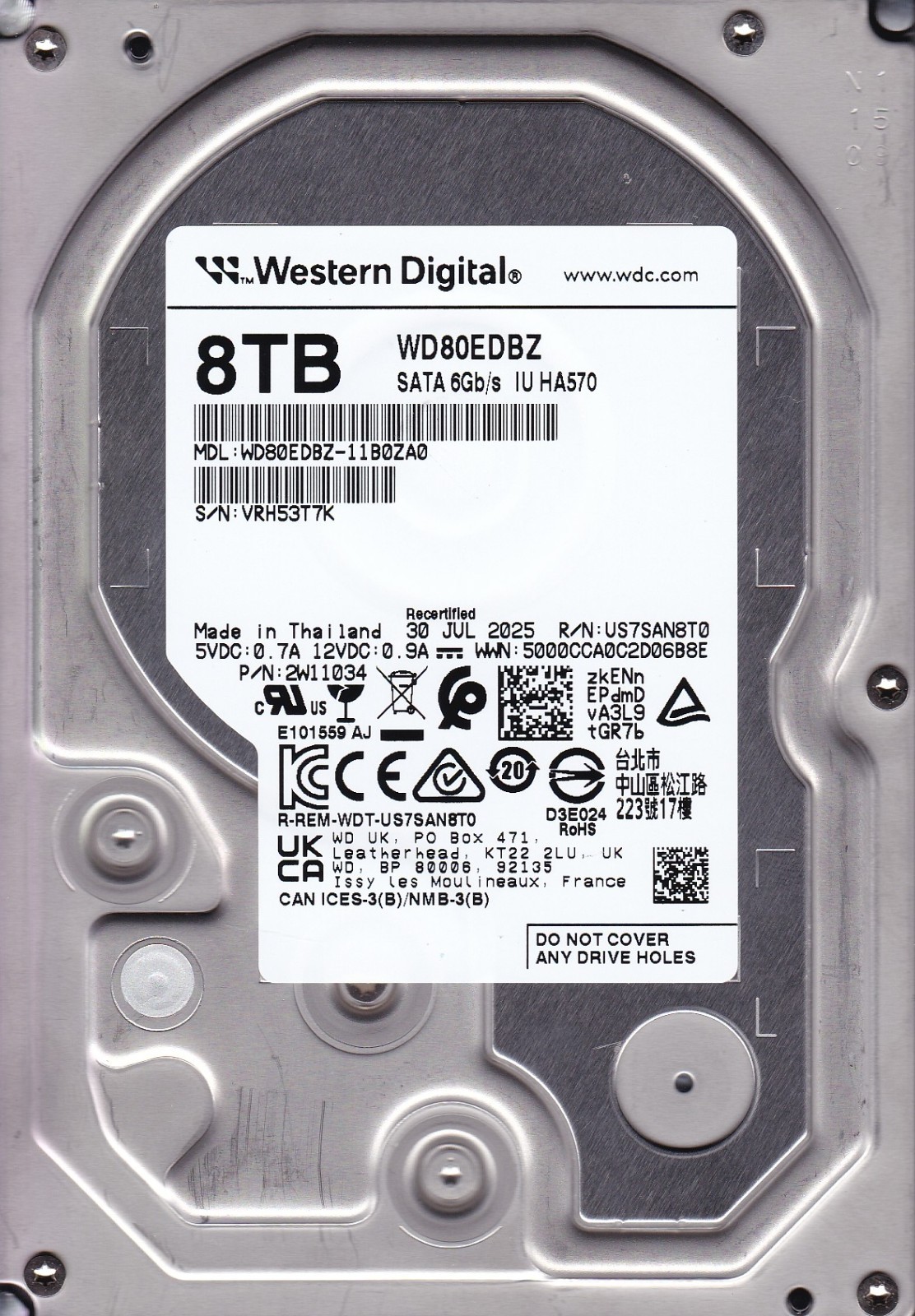 WD80EDBZ-11B0ZA0 s/n: VRH5 JUL / 2025   "V19A03" 8TB SATA 3.5"  Western Digital