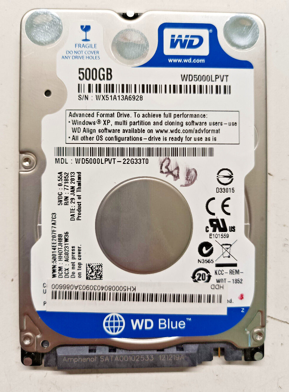 WD Blue 500gb WD5000LPVT-22G33T0 2060-771852-001 REV A Hard Drive HDD 2.5 SATA
