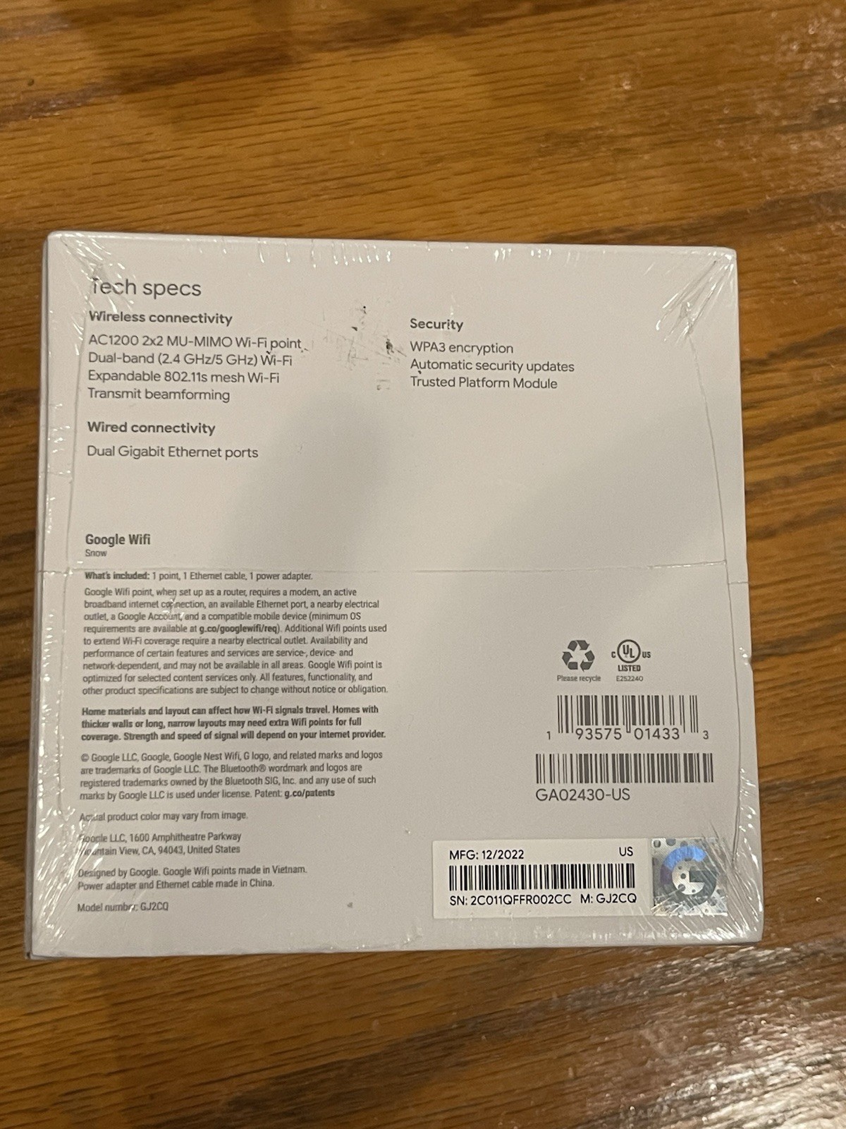 Google Wifi AC1200 Mesh Wi-Fi System Model GJ2CQ Dual-Band - New