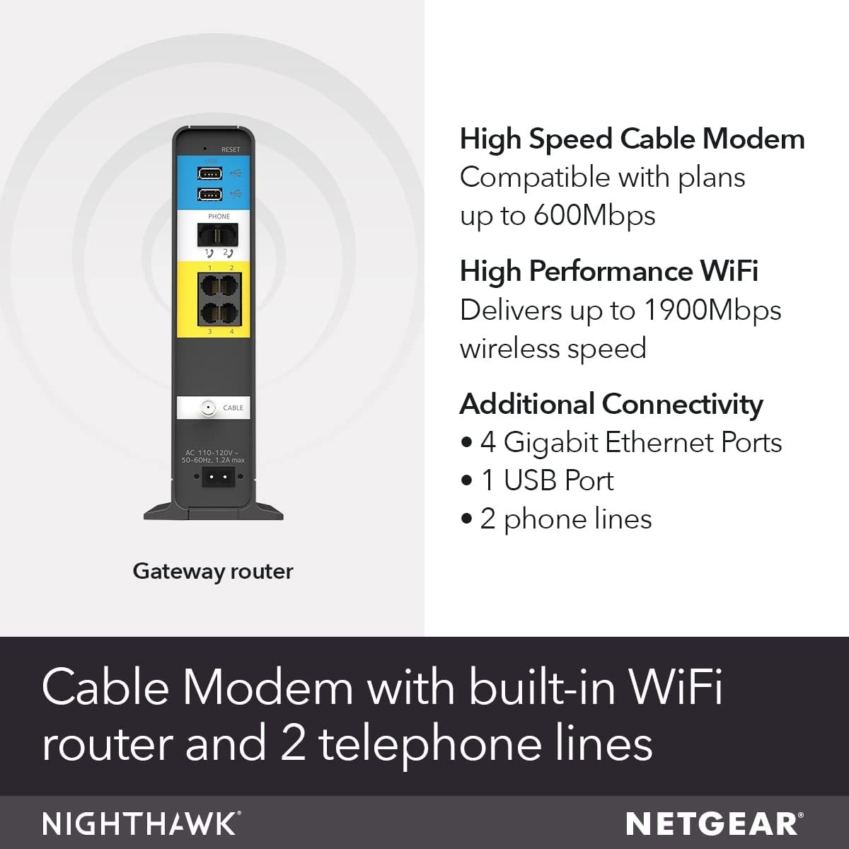 NETGEAR Nighthawk Cable Modem WiFi Router Combo with Voice - Black