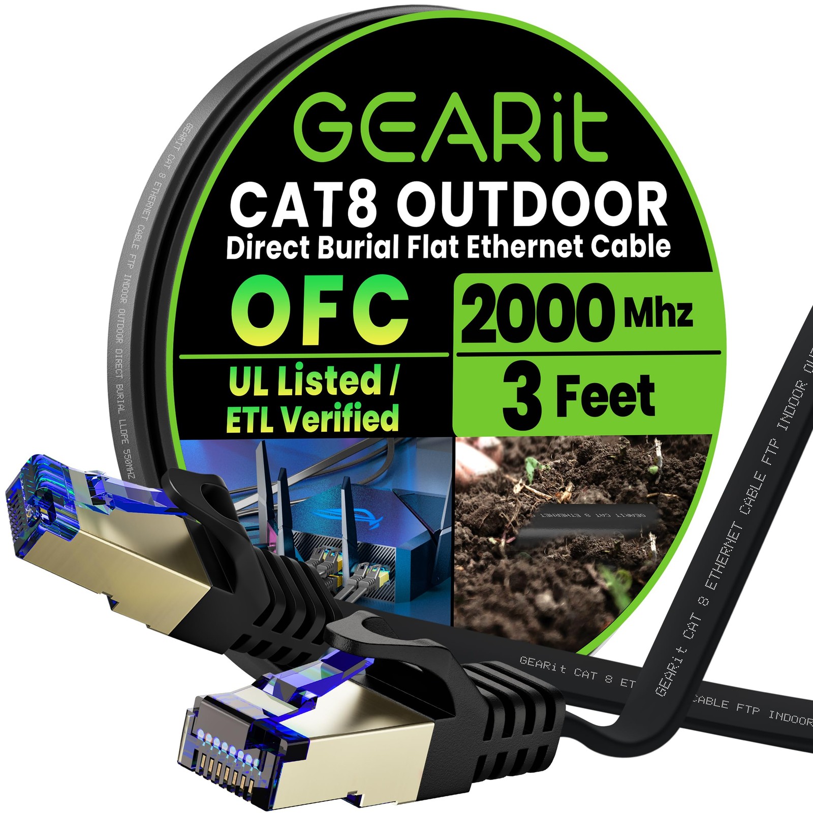 GEARit Cat 8 Outdoor Flat Ethernet Cable 3 Feet, - 8 Black 