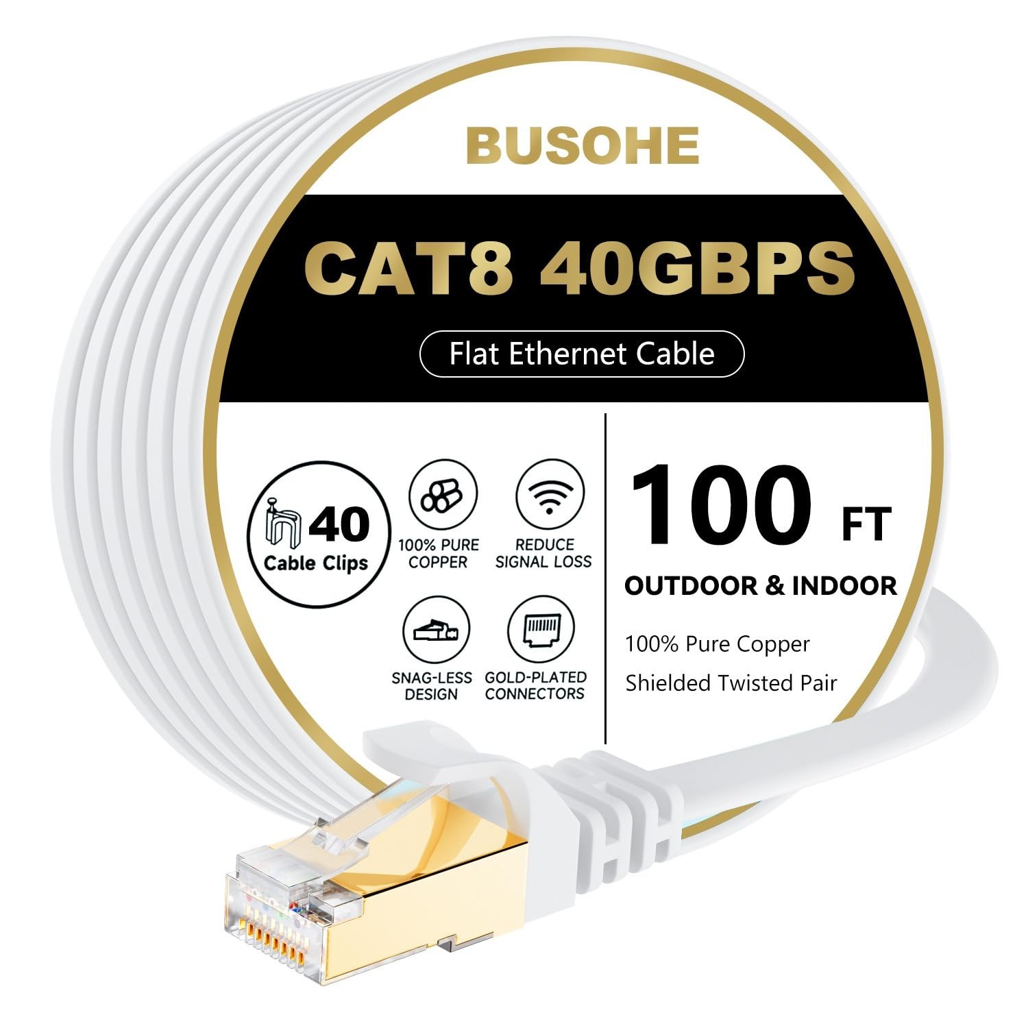 Cat 8 Ethernet Cable 100ft Flat White SSTP Shielded RJ45 40Gbps LAN Patch Cord
