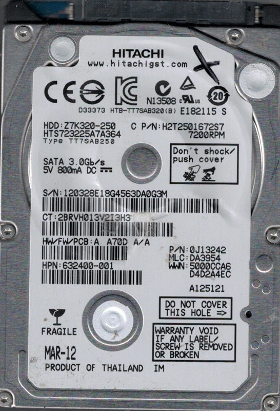 Hitachi HTS723225A7A364 P/N: 0J13242 MLC: DA3954 Thailand 250GB