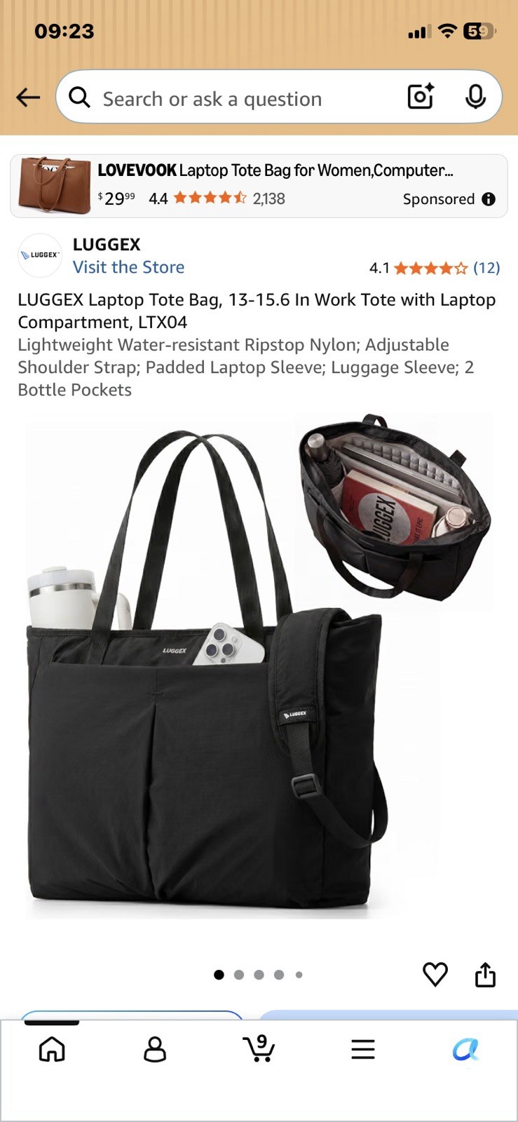 LUGGEX Laptop Tote Bag, 13-15.6 In Work Tote with Laptop Compartment, BLACK