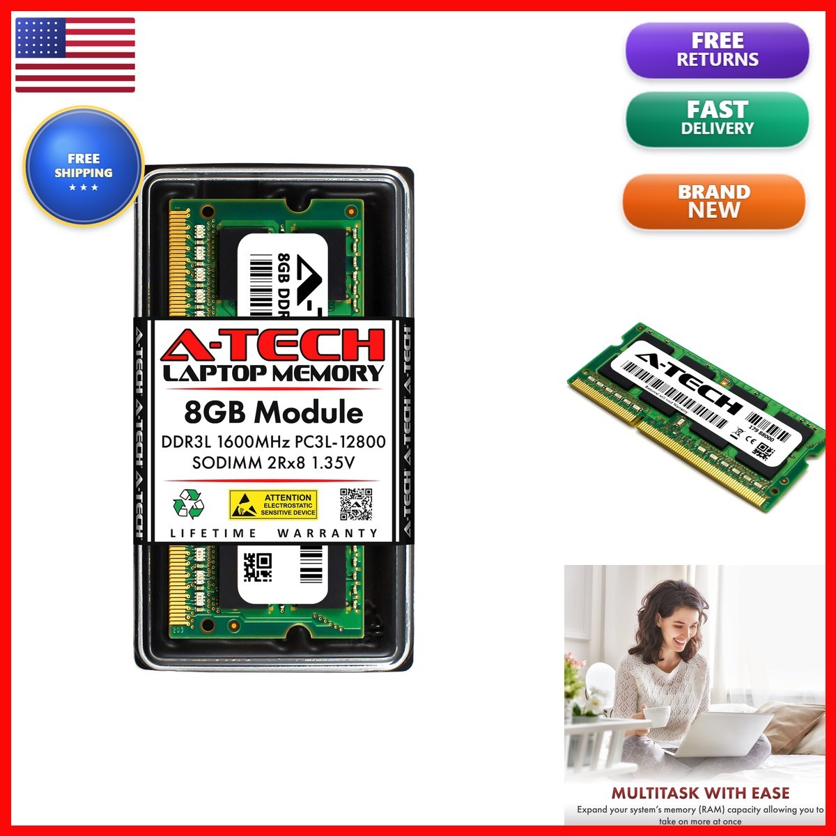 A-Tech 8GB DDR3/DDR3L 1600MHz SODIMM 1.35V Laptop Notebook RAM Memory