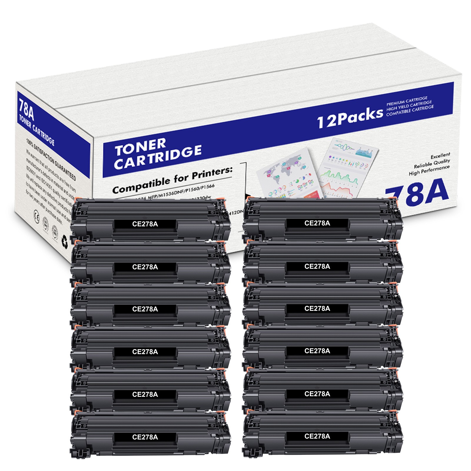 12PK CE278A Toner Compatible With HP 78A LaserJet Pro P1606DN P1606 P1566 P1560