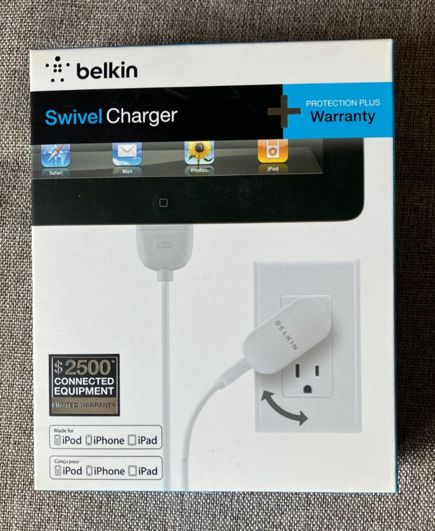 NEW Belkin Swivel Charger + Cable for iPHONE, iPAD, iPOD 10W, 4ft 1.2m 10 Watts