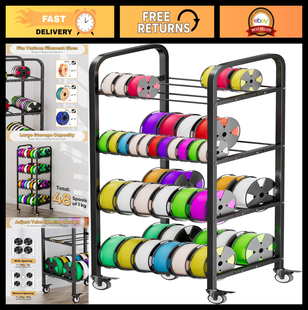 4-Tier Rolling 3D Printer Filament Storage Rack, Heavy Duty Spool Holder Cart, H