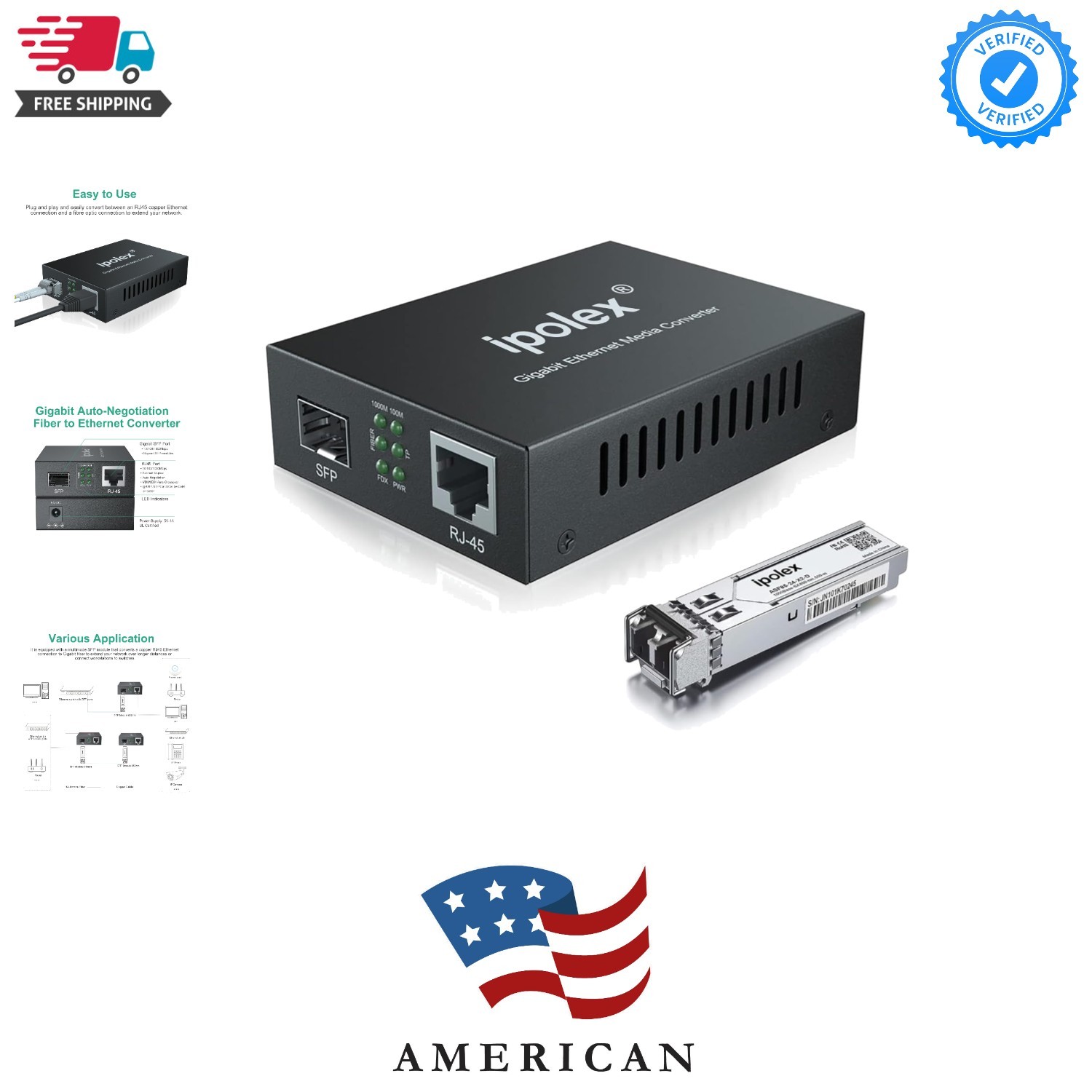 Gigabit Multi-Mode LC Fiber to Ethernet Media Converter with SFP SX Module, 1...