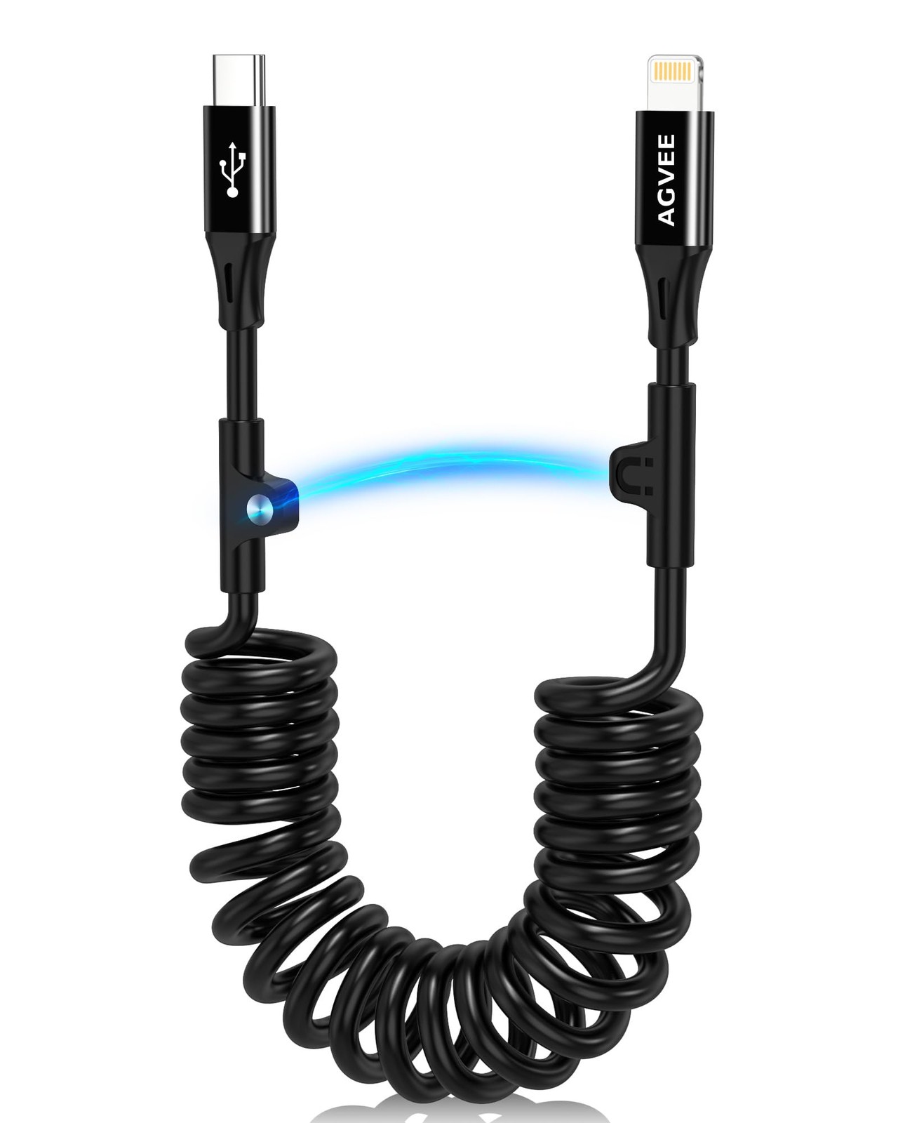 AGVEE 3ft Coiled USB-C to Lightning Cable [MFI Certified] Carplay 3ft, Black
