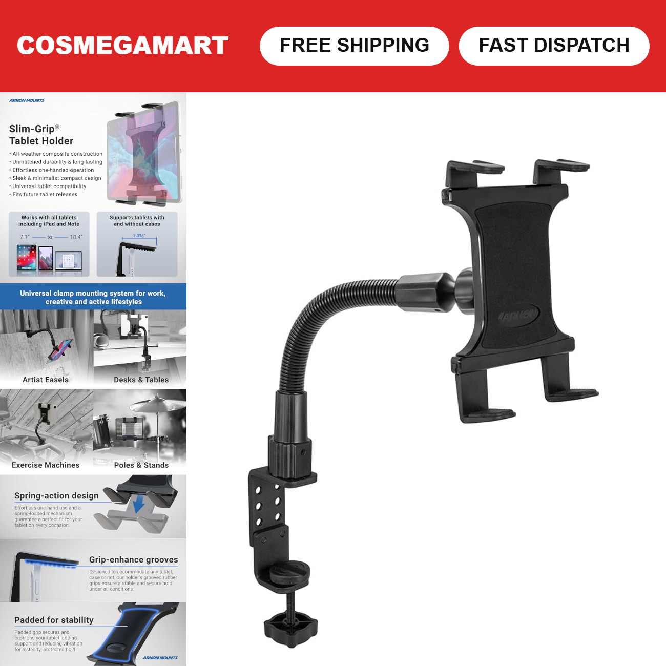 Heavy Duty Tablet Holder with Clamp Mount & 12" Gooseneck Arm | Versatile Stand