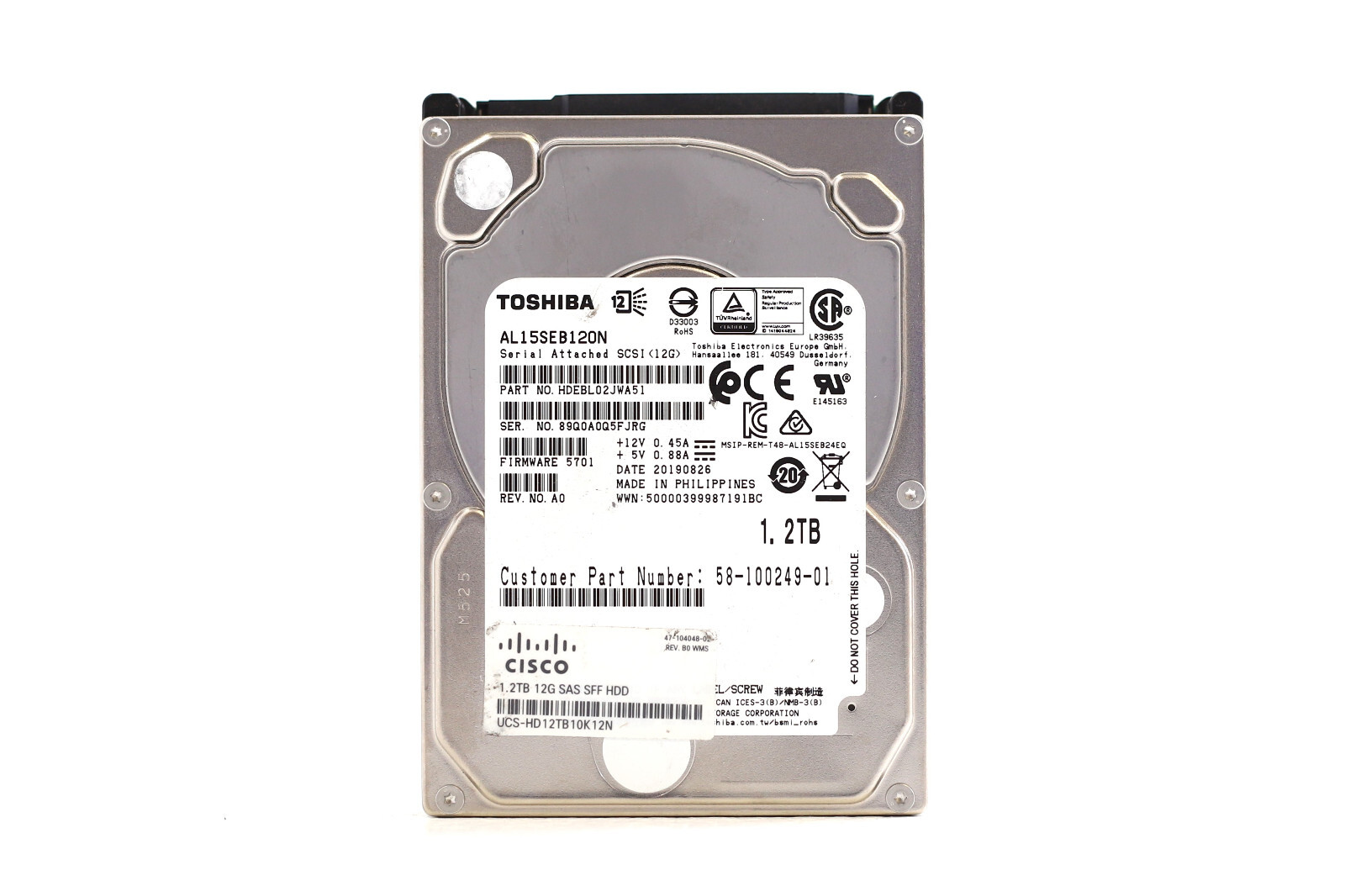 Cisco AL15SEB120N 1.2TB 2.5" 12Gb/s 10K RPM SAS Hard Drive P/N: 58-100249-01