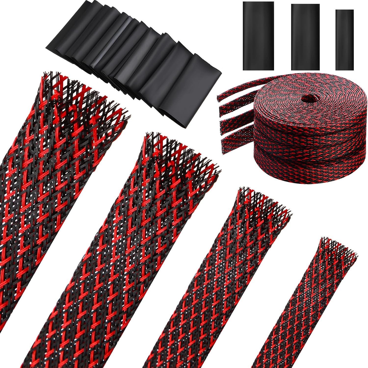65.6 Ft Braided Cable Sleeve Expandable Wire Sheathing(Red, Black)