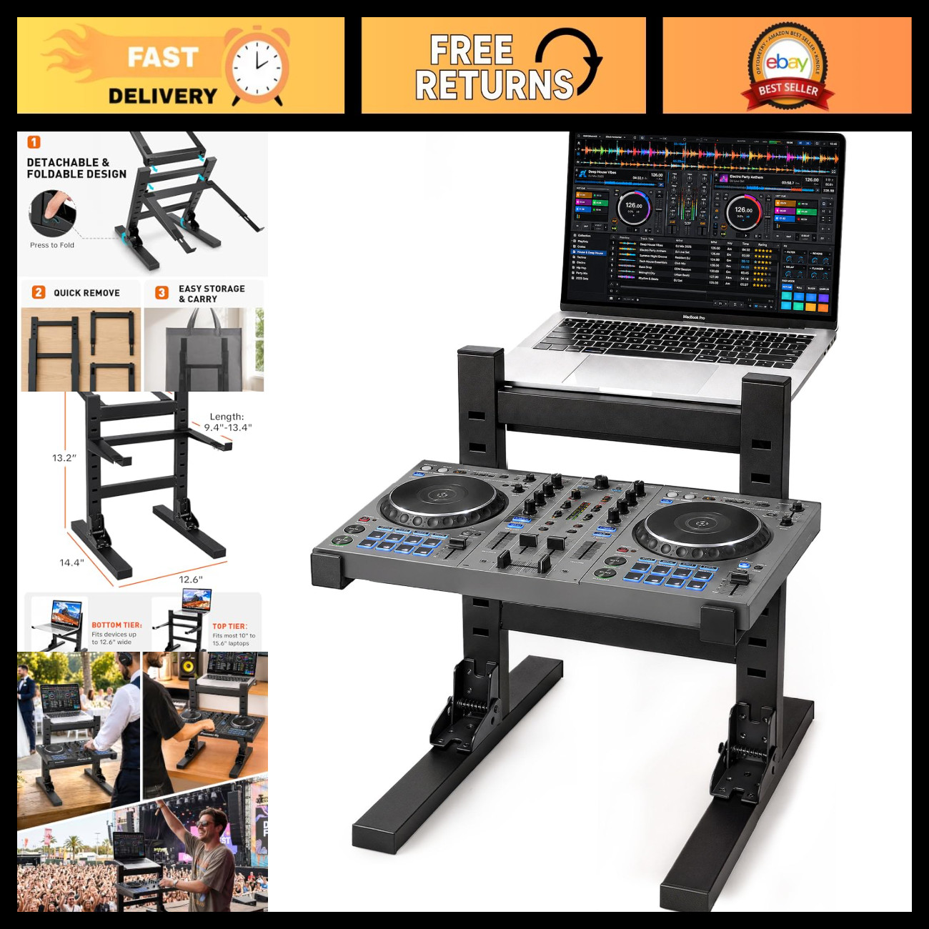 Dual Tier Foldable DJ Laptop Stand for Controller & Laptop - Adjustable Height,