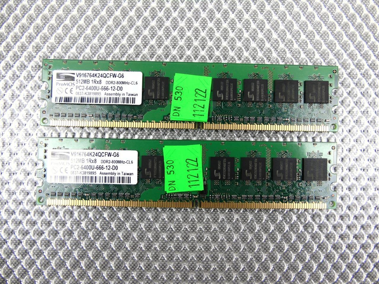 Lot of 2 - 512MB  PC2-6400U 667MHz DDR2 Memory - ProMos V916764K24QCFW-G6