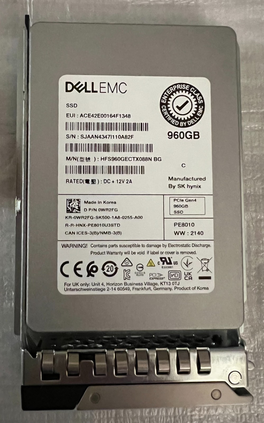 WR2FG DELL 960GB NVME PCIe Gen4 HFS960GECTX088N Read Intensive 2.5in U.2 SSD