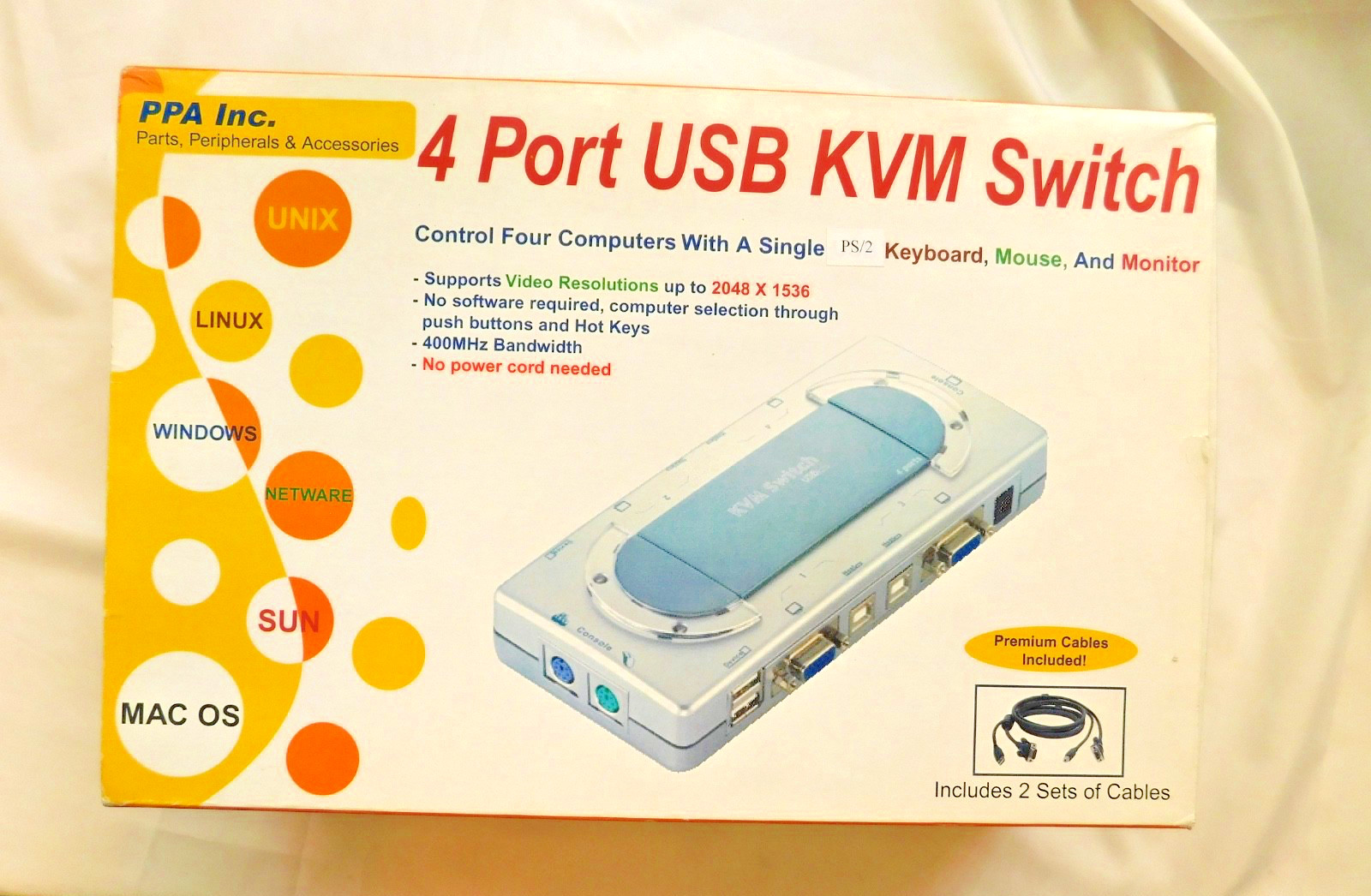 Vintage New 4 Port PS/2 KVM Switch, Kit Includes 2 Sets Of Premium Cables
