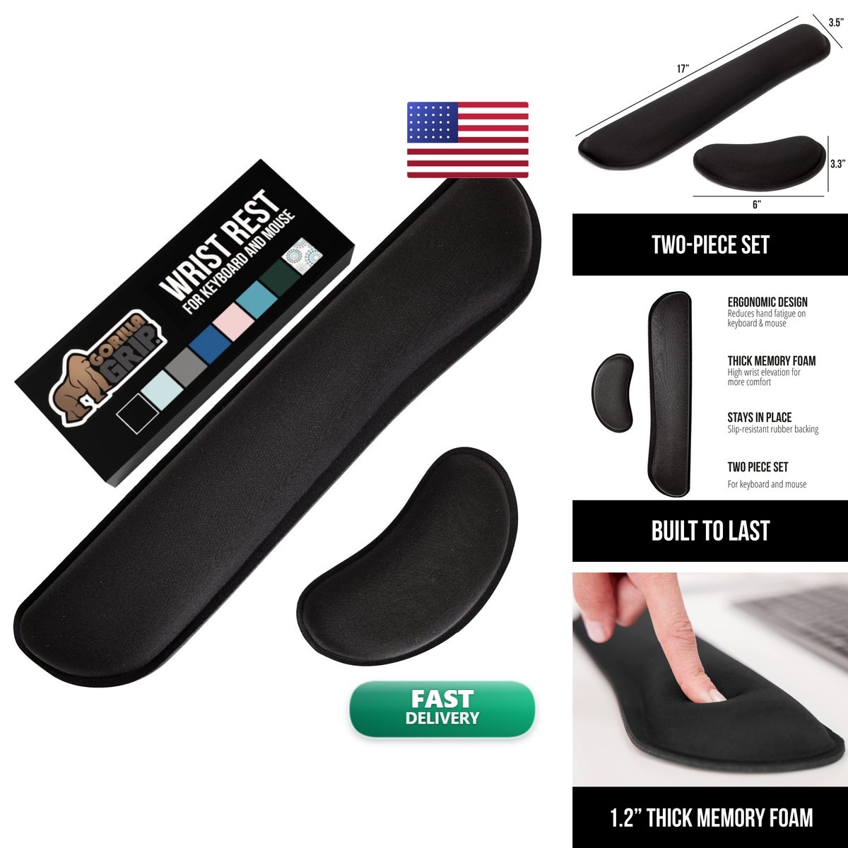 GORILLA GRIP Memory Foam Wrist Rest for Computer Keyboard, 2 Piece Black