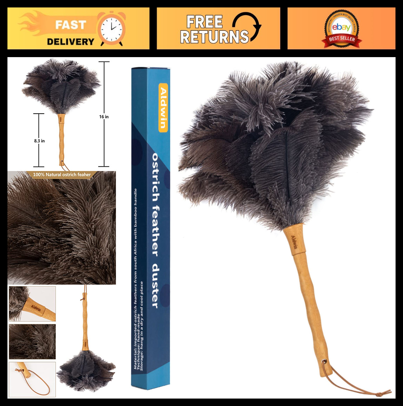 16" Natural Ostrich Feather Duster with Wood Handle - Reusable Cleaning Tool for