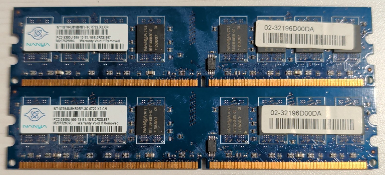 2X Nanya NT1GT64U8HB0BY-3C.0722.X2.CN 1GB (2Rx8) PC2-5300U-555-12-E1 *TESTED*