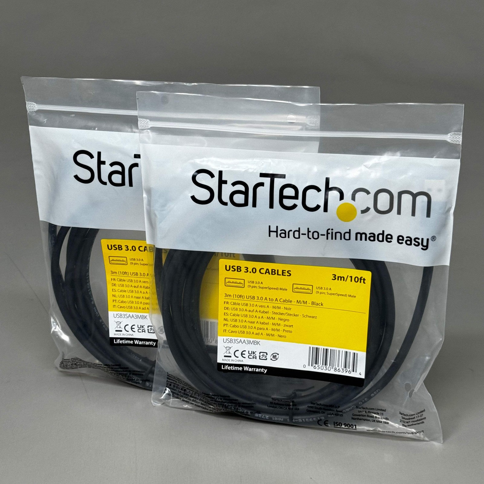 STARTECH.COM (2 PK) USB 3.0 Cables A-A Cable - M/M 10ft/3m Black USB3SAA3MBK