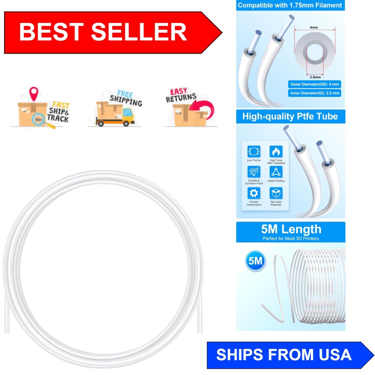 5m Bowden PTFE Tube for 3D Printers - Low-Friction, High-Performance, White