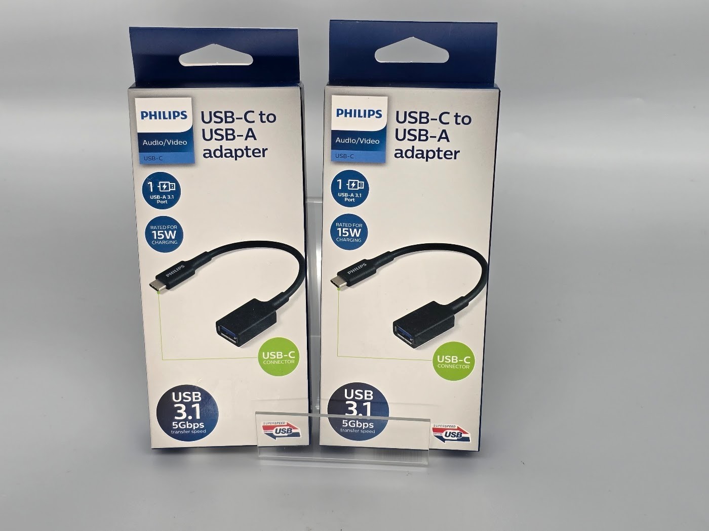 Lot of 2, Philips USB-C to USB-A Adapter 15W Charging Rated 5Gbps USB 3.1 *NEW*